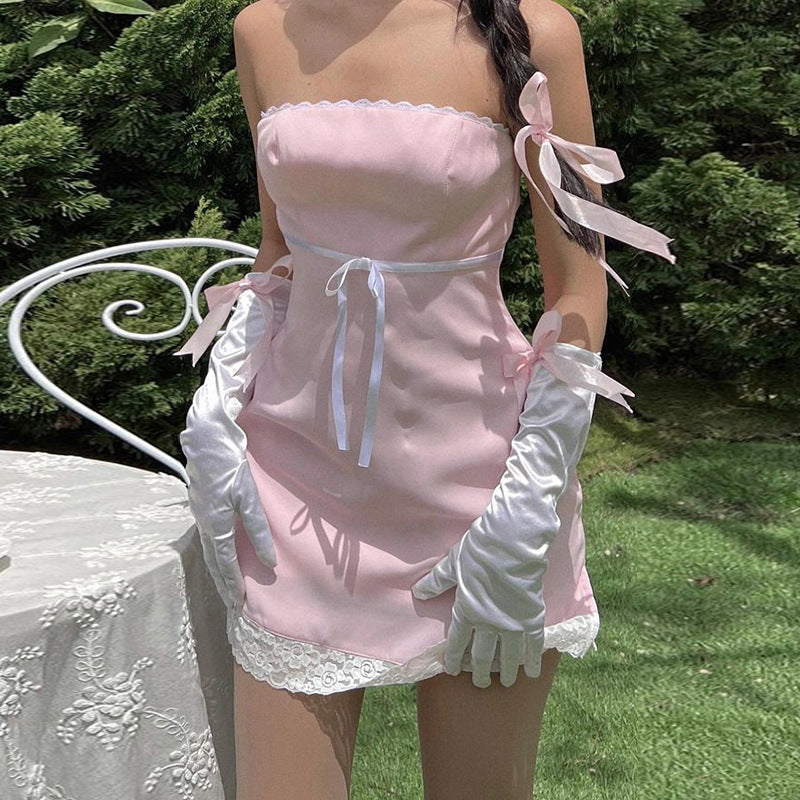 Bowknot Lace Tube Top Mini Dress - fairypeony