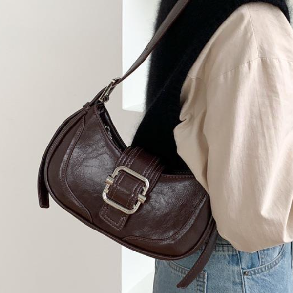 Buckled Strap Pu Leather Shoulder Bag - fairypeony
