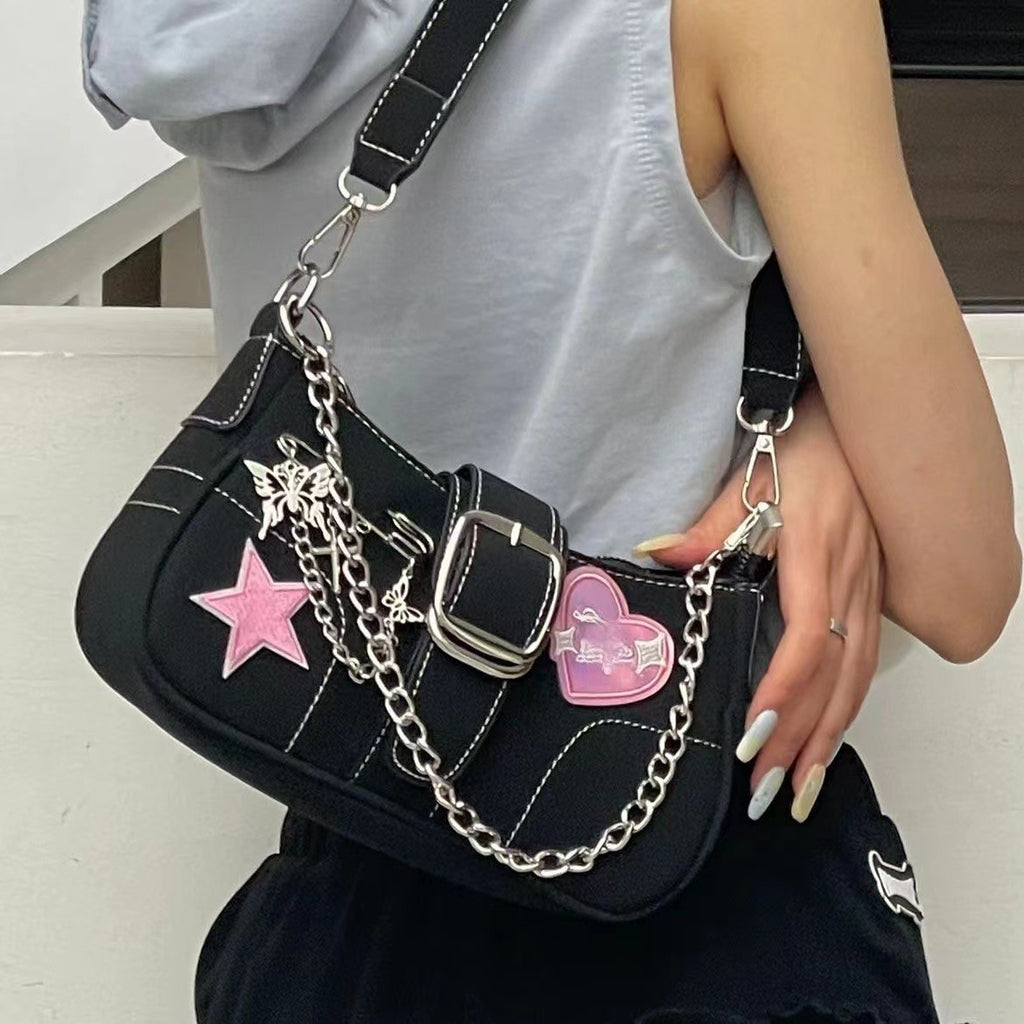 Butterfly Chain Detail Star Buckled Denim Shoulder Bag - fairypeony