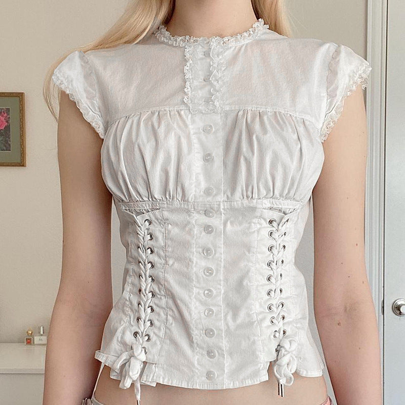 Button Down Broidered Lace Crop Blouse - fairypeony