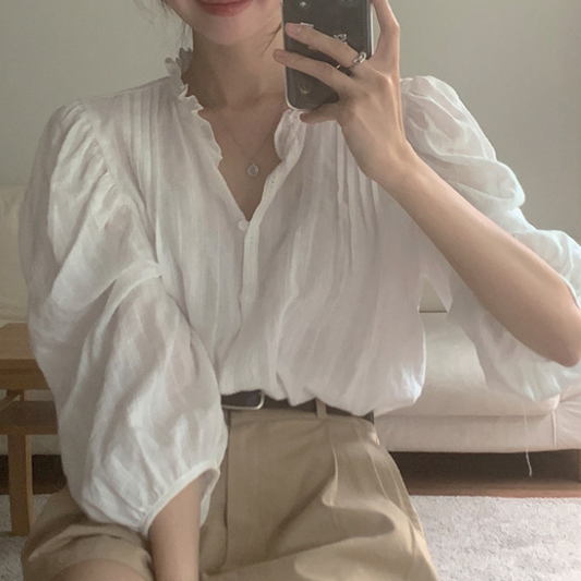 Button Front Pleated Long Sleeve Blouse