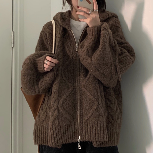 Cable Knit Zip Up Hooded Cardigan - fairypeony