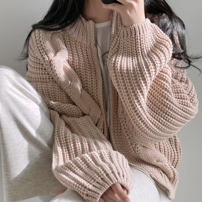 Cable Knit Loose Zip Up Cardigan