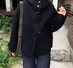 Korean-Style Hooded Woolen Jacket – Horn Button Loose Coat in Black