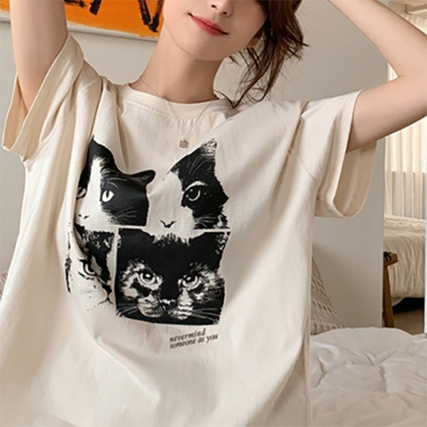 Casual cat Print Short Sleeves Oversized Tee - fairypeony