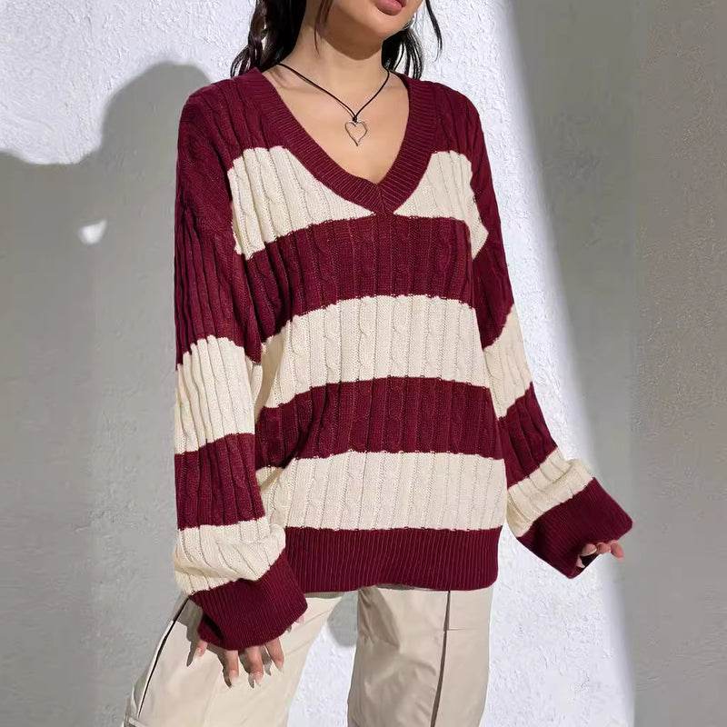 Casual Stripe Print Oversized Long Sleeve Sweater