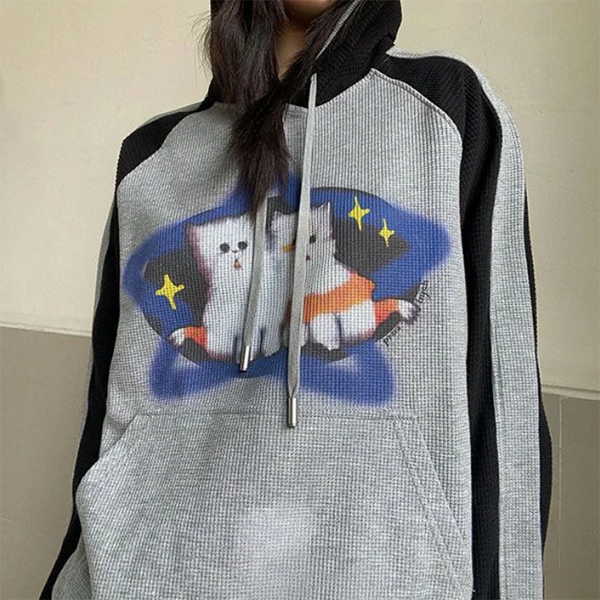 Cat Print Waffle Raglan Hoodie - fairypeony
