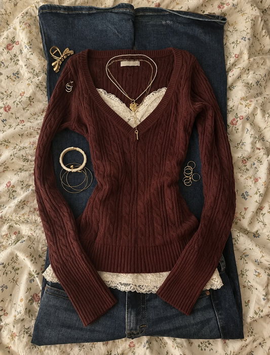 OOTD: Cable Knit Slim Pullover Sweater + 2000s Low-Rise Flared Jeans