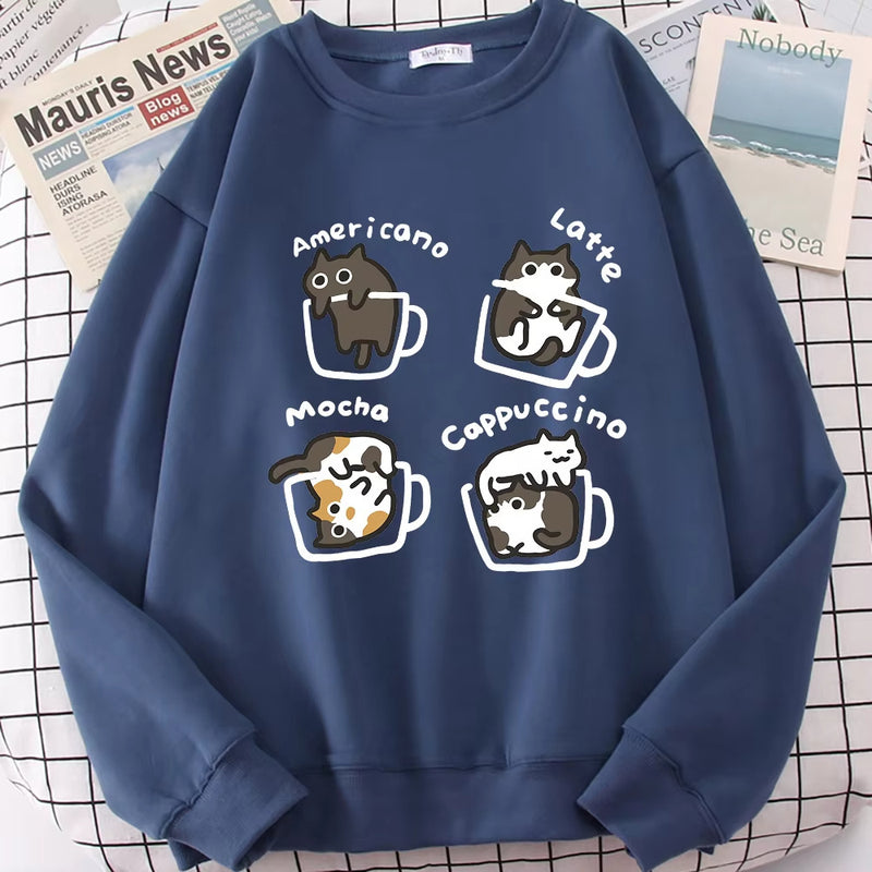 Coffee Cute Kitten Print Oversized Sweatshirt