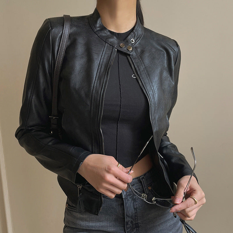 Collar Neck Zip Up Slim Moto Leather Jacket - fairypeony