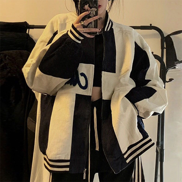 Color Block Zip Up Corduroy Bomber Jacket - fairypeony