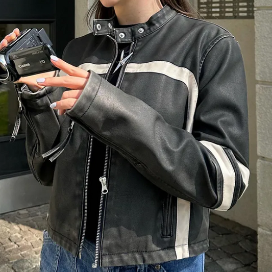 Contrast Color Piping Detail Collar Neck Leather Jacket - fairypeony