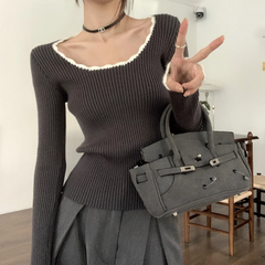 Contrast Color Trim Slim Long Sleeve Knit Top - fairypeony