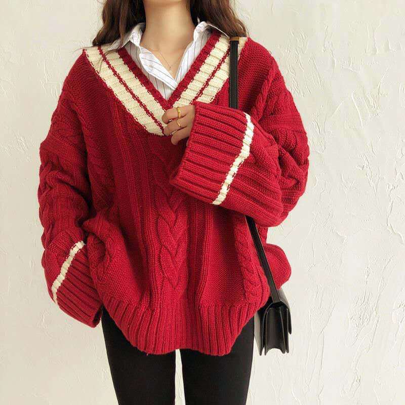 Contrast Color V Neck Cable Knit Sweater - fairypeony