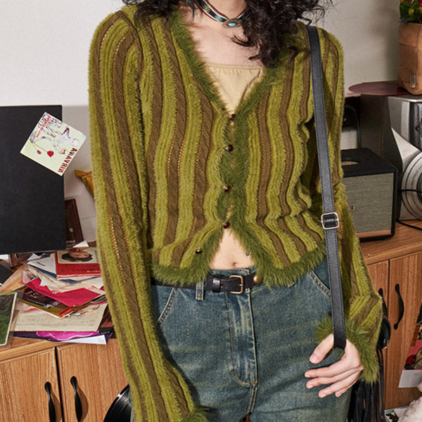 Contrast Color Vertical Stripe V Neck Cardigan - fairypeony