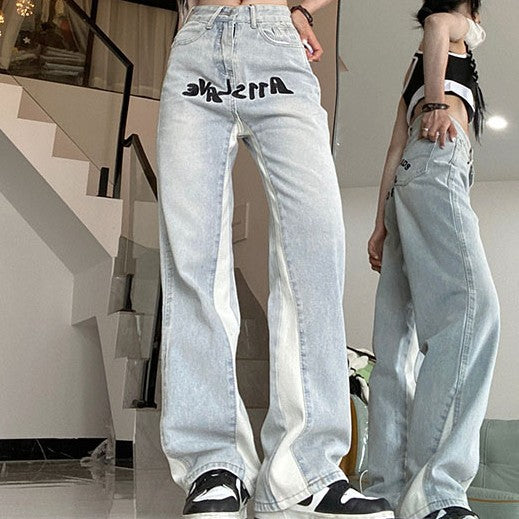 Contrast Letter Patchwork Straight Jeans - fairypeony
