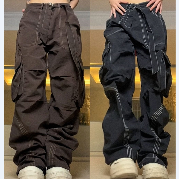 Contrast Stitch Baggy Cargo Pants - fairypeony