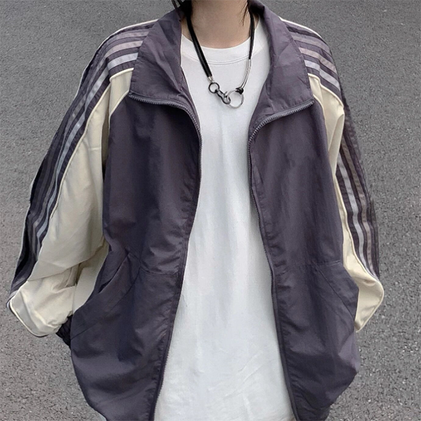 Contrast Stripe Zip Up Jacket - fairypeony