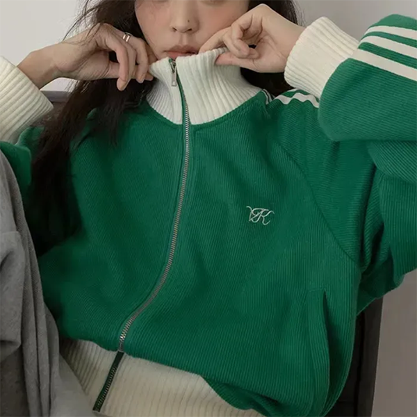 Contrast Zip Up Side Striped Cardigan - fairypeony