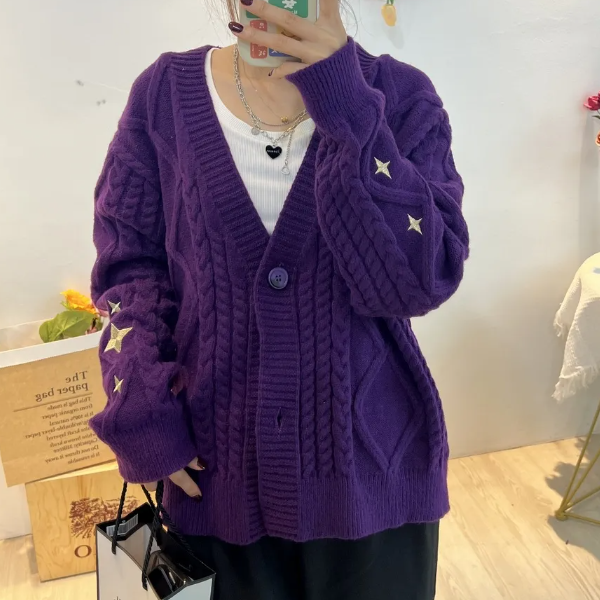 Cosmos Star Embroidered Cable Knit Cardigan - fairypeony