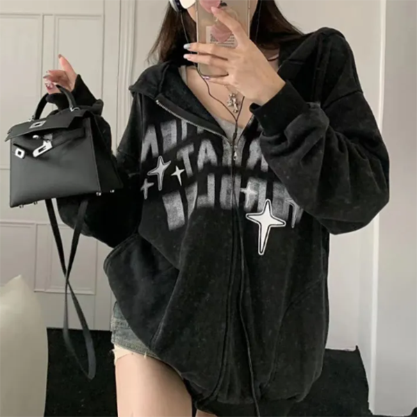 Cosmos Star Letter Print Zip Up Hoodie - fairypeony