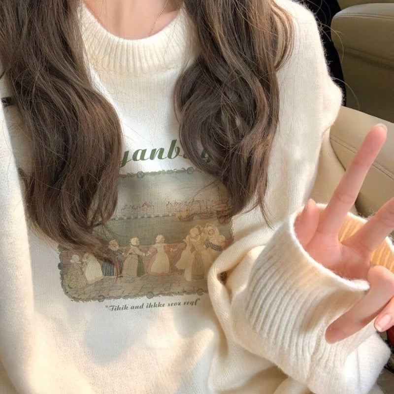 Cottagecore Print Round Neck Sweater