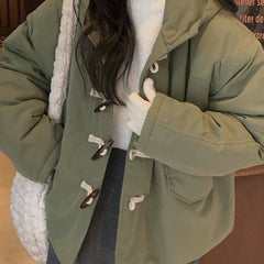 Cow Horn Button Insulated Hooded Cotton Coat – Padded Toggle Winter Jacket in 2 Colours