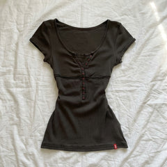 2000s Y2K Faux Two-Piece Henley T-Shirt – Slim Fit Button Front Blouse in Dark Gray & White S–L