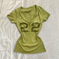 2000s Harajuku "22" Number Print Slim Crop Top – Matcha Green S–L