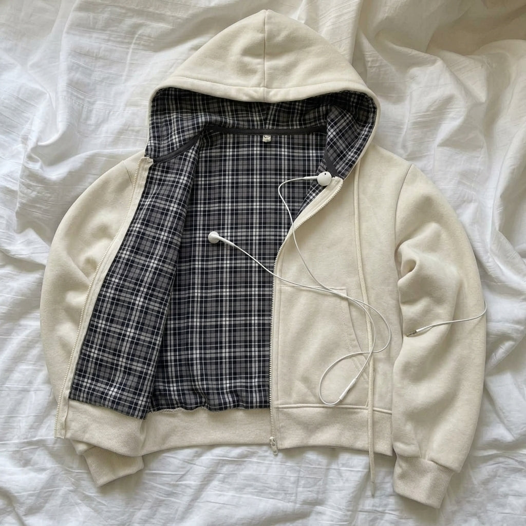 Retro Chic Plaid Hooded Zipper Sweatshirt – Loose Fit 100% Cotton Hoodie in 5 Colours