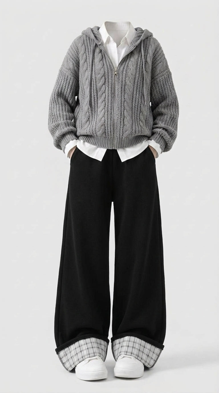 OOTD: Zip Up Hooded Cardigan + Y2K Wide-Leg Patchwork Pants