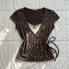 2000s Ditsy Floral Wrap Crop Top – Dark Brown Lace Tie-Up S–2XL