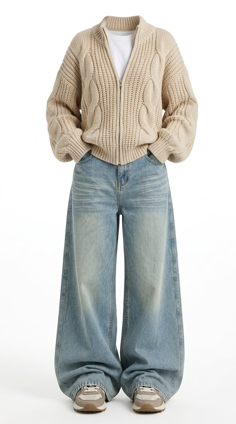 OOTD: Cable Knit Loose Zip Up Cardigan + High-Stretch Retro Hip-Hop Denim