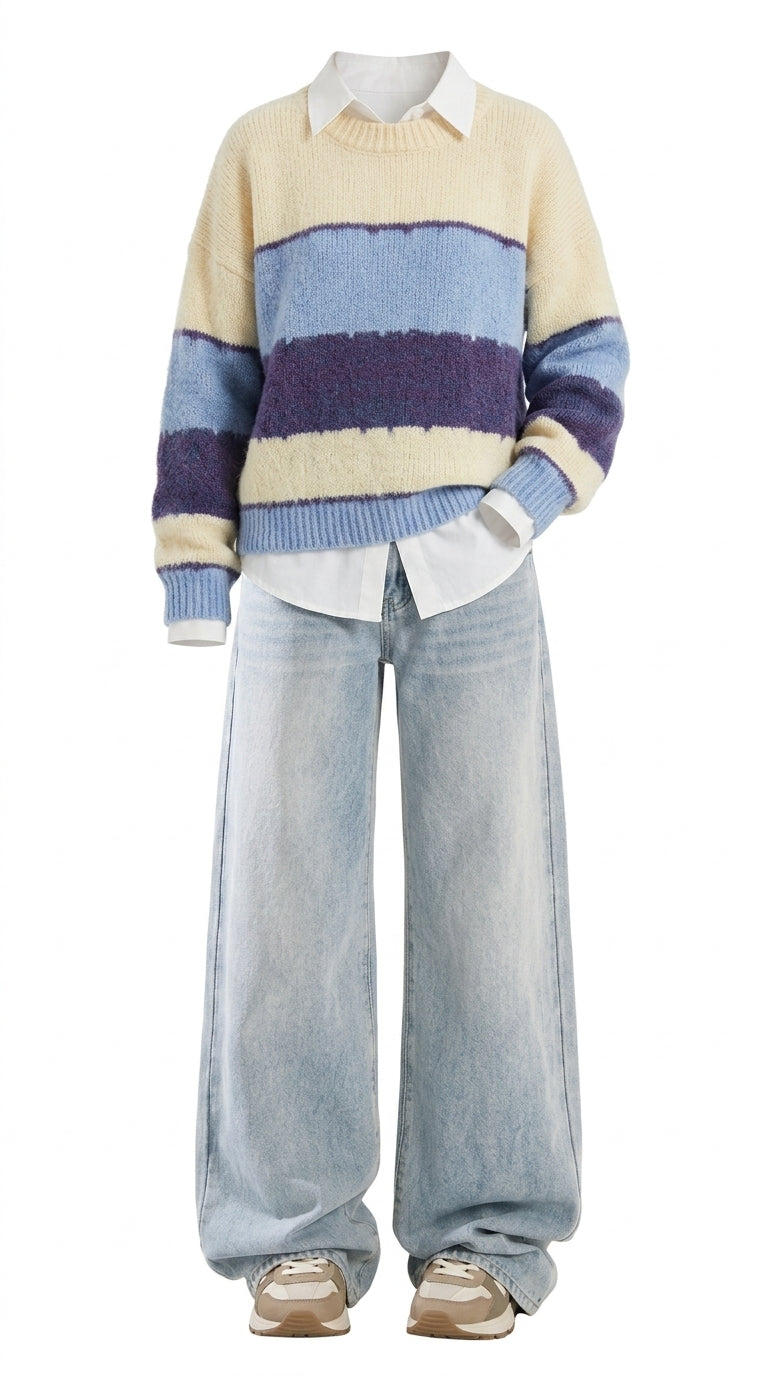 OOTD: Color Block Striped Sweater + Retro Wide-Leg Jeans