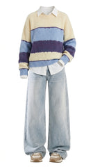 OOTD: Color Block Striped Sweater + Retro Wide-Leg Jeans