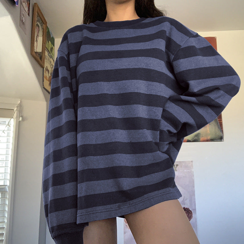 Crew Neck Striped Oversize Sweatshirt - fairypeony
