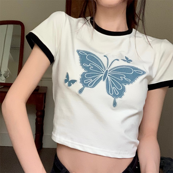Cropped Tie Back Butterfly Ringer Tee - fairypeony