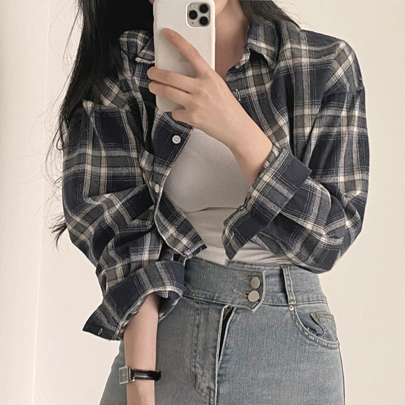 Cropped Long Sleeve Checkered Blouse