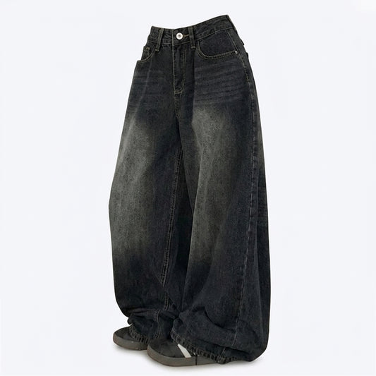 Stretch Washed Denim Wide-Leg Pants – High-Waist Korean Lazy Jeans in Black and Blue