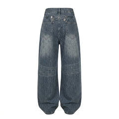 Stretch Washed Denim Wide-Leg Pants – High-Waist Korean Lazy Jeans in Black and Blue