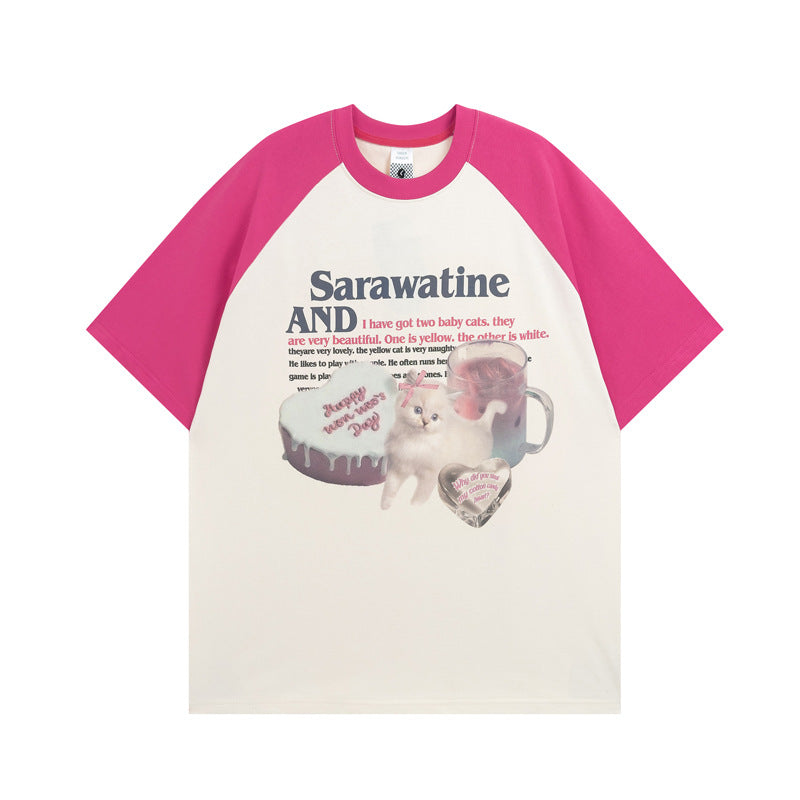 Cute Kitten Print Raglan Oversized T-shirt