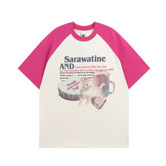 Cute Kitten Print Raglan Oversized T-shirt