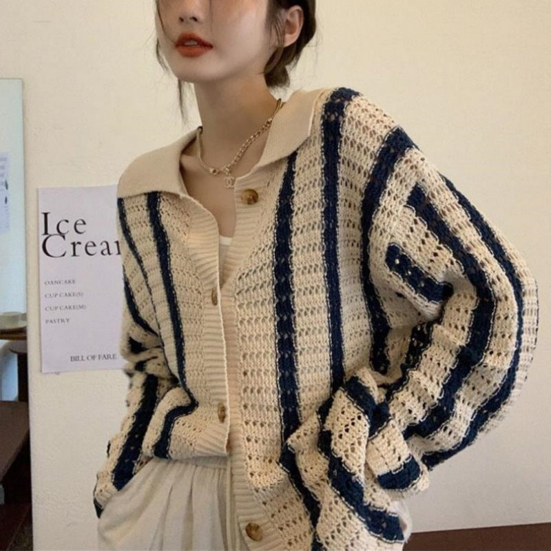 Cutout Striped Baggy Cardigan
