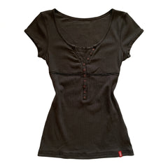 2000s Y2K Faux Two-Piece Henley T-Shirt – Slim Fit Button Front Blouse in Dark Gray & White S–L