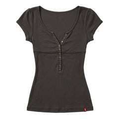 2000s Y2K Faux Two-Piece Henley T-Shirt – Slim Fit Button Front Blouse in Dark Gray & White S–L
