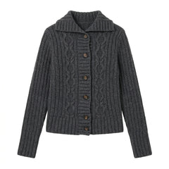 2000s Cable Knit Lapel Button Cardigan – Chunky Oversized Sweater in Dark Gray One Size