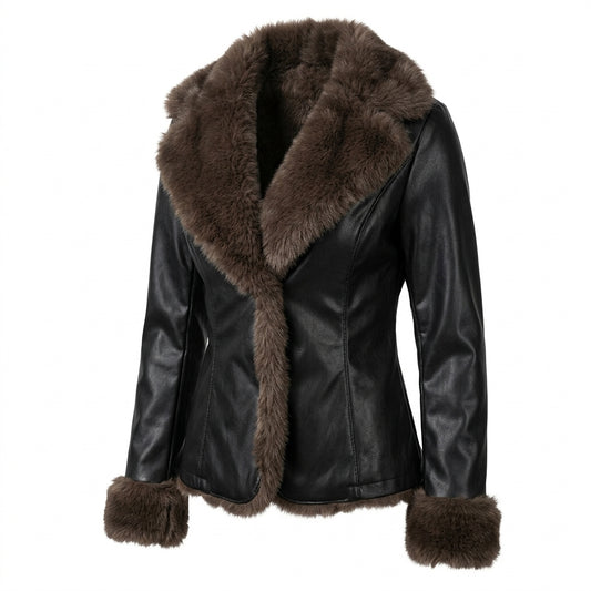 2000s Faux Fur Collar Leather Jacket – Slim Fit Black PU Jacket with Fur Trim Cuffs