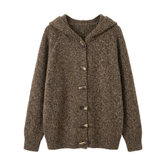 Soft Loose Hooded Cardigan – Horn Button Knit Sweater Coat in 4 Colours One Size