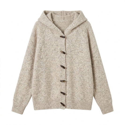 Soft Loose Hooded Cardigan – Horn Button Knit Sweater Coat in 4 Colours One Size
