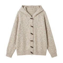 Soft Loose Hooded Cardigan – Horn Button Knit Sweater Coat in 4 Colours One Size